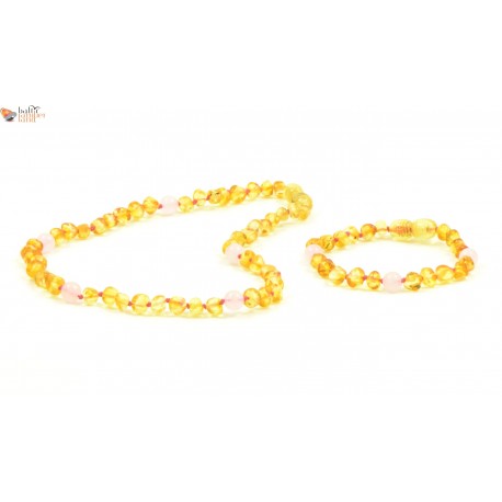 Lemon Baroque Amber Teething Necklace and Bracelet Set with Quartz Beads